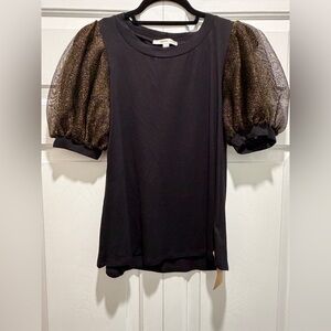 NWT Emerald Black and Gold Organza Puff Sleeve Top